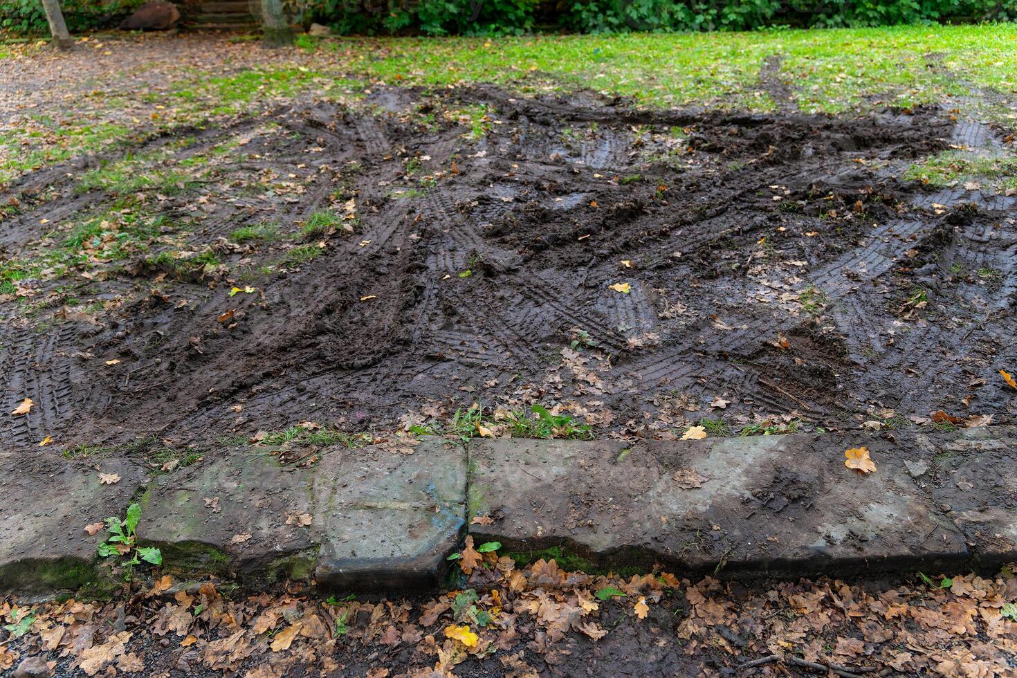Muddy tire tracks crisscross the grassy field near a stone border photo