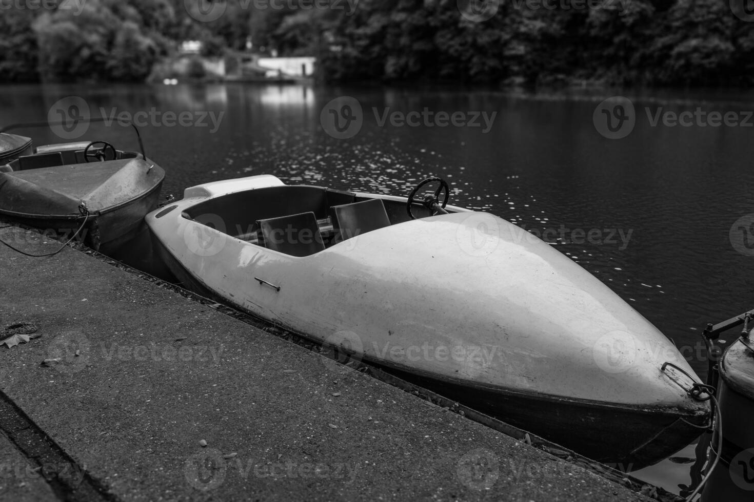 A small boat is docked at a lake in a park photo