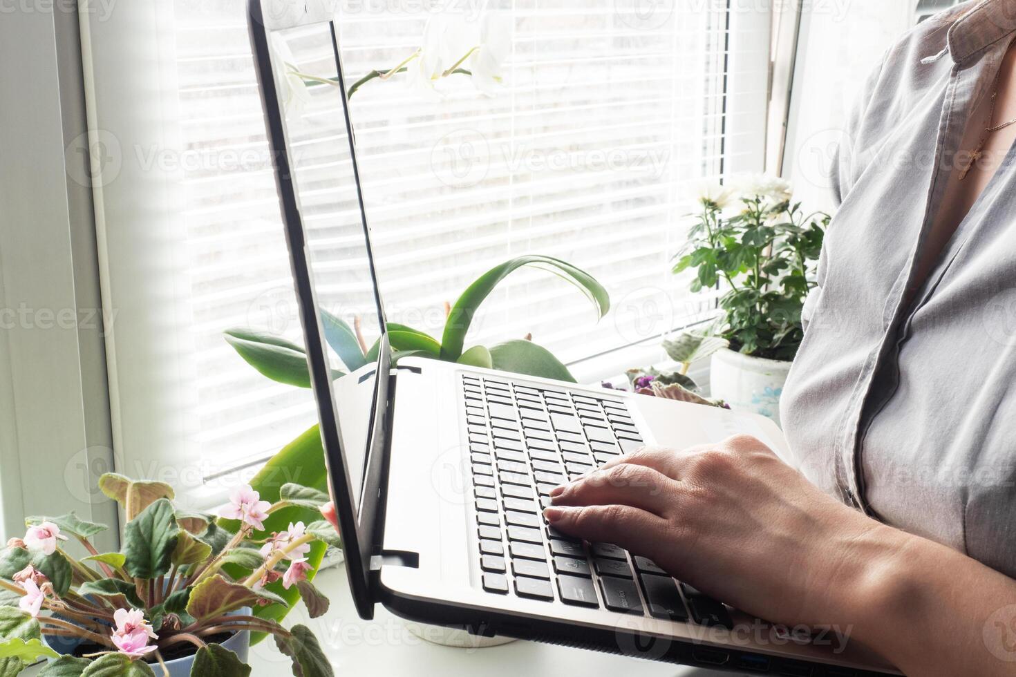 Woman working at computer hands at home. Concept of working and learning at home. Copy space. photo