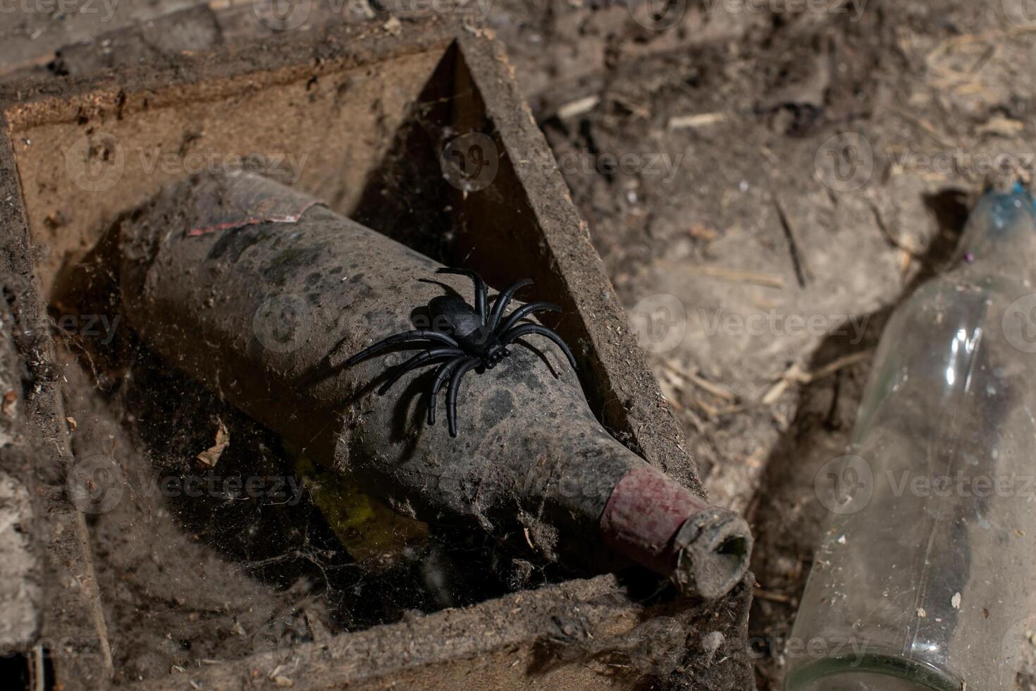 Dusty wine bottle with a plastic spider on it in a cobweb covered box, symbolizing Halloween and neglect photo