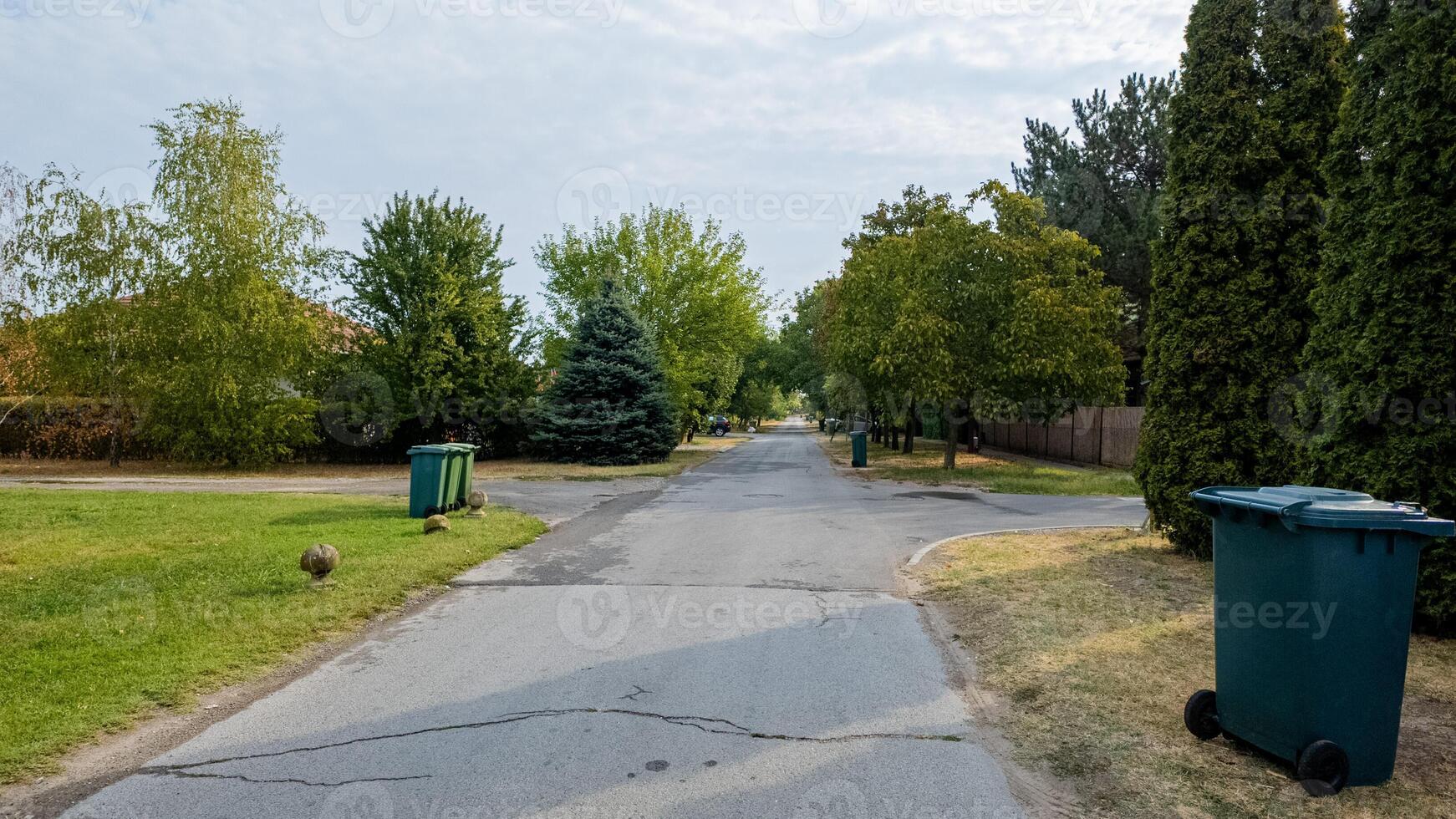 Empty suburban street with trash bins on the sidewalk, highlighting waste management and urban living environment issues photo