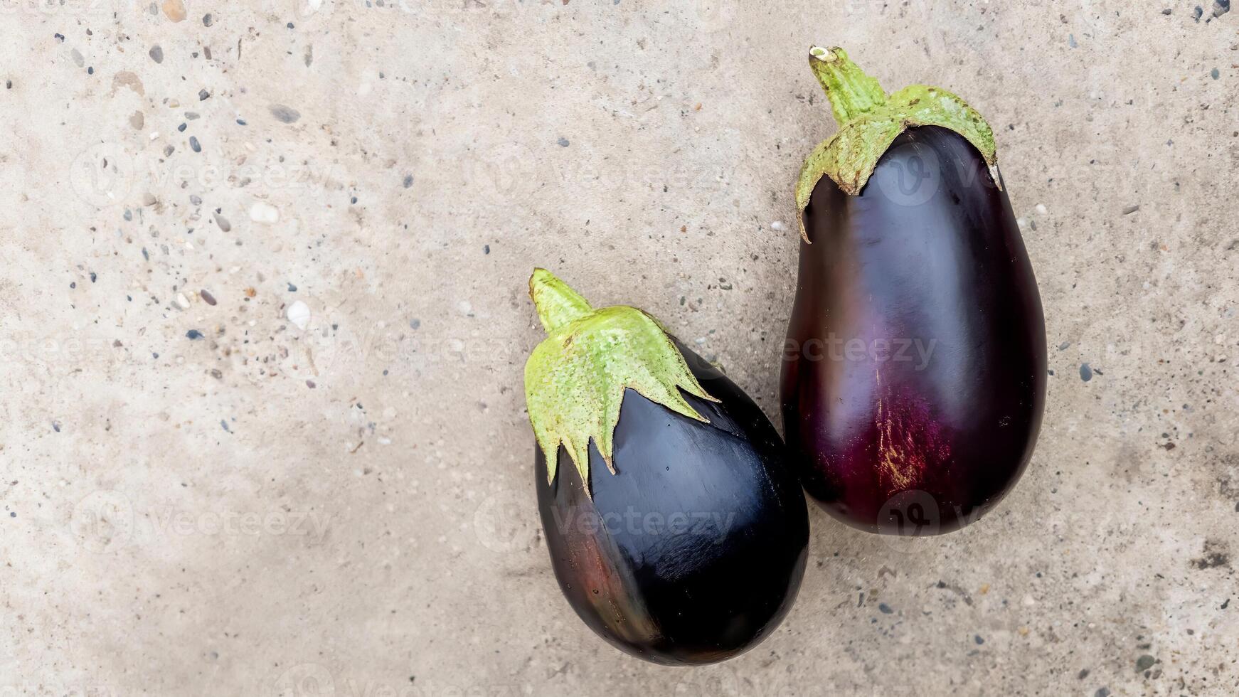 Two fresh eggplants on a speckled concrete surface representing healthy cooking and vegetarian diet concepts photo