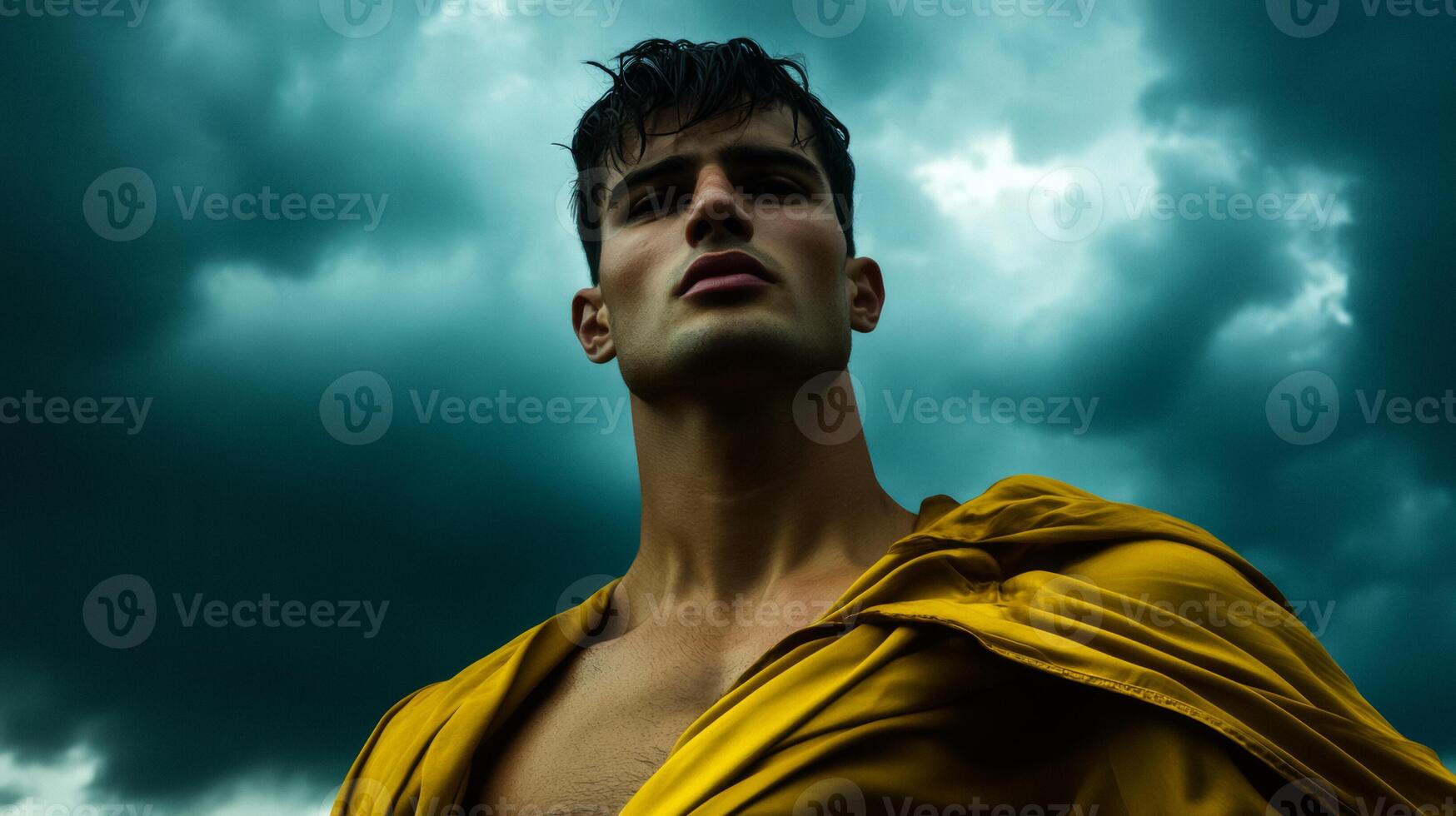 Artistic man with layered clothing and a dramatic cape set against a stormy sky background intense mood photo