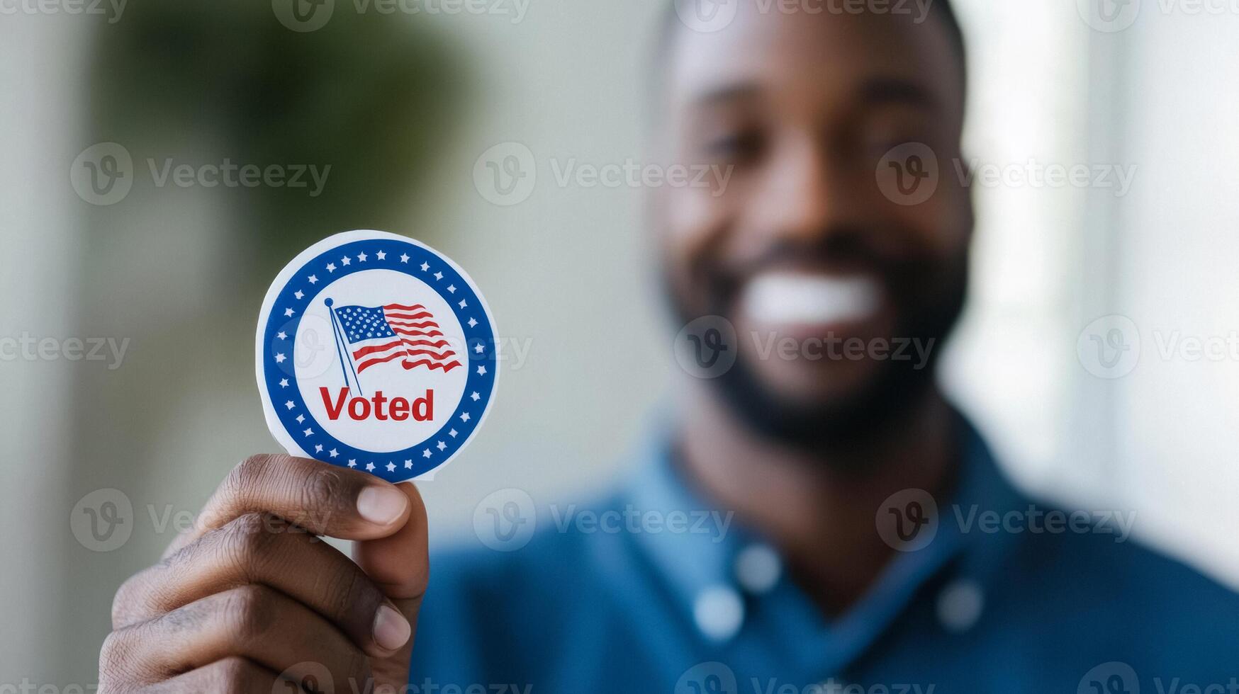 Close up of a happy voter smiling holding an I Voted sticker blurred background photo