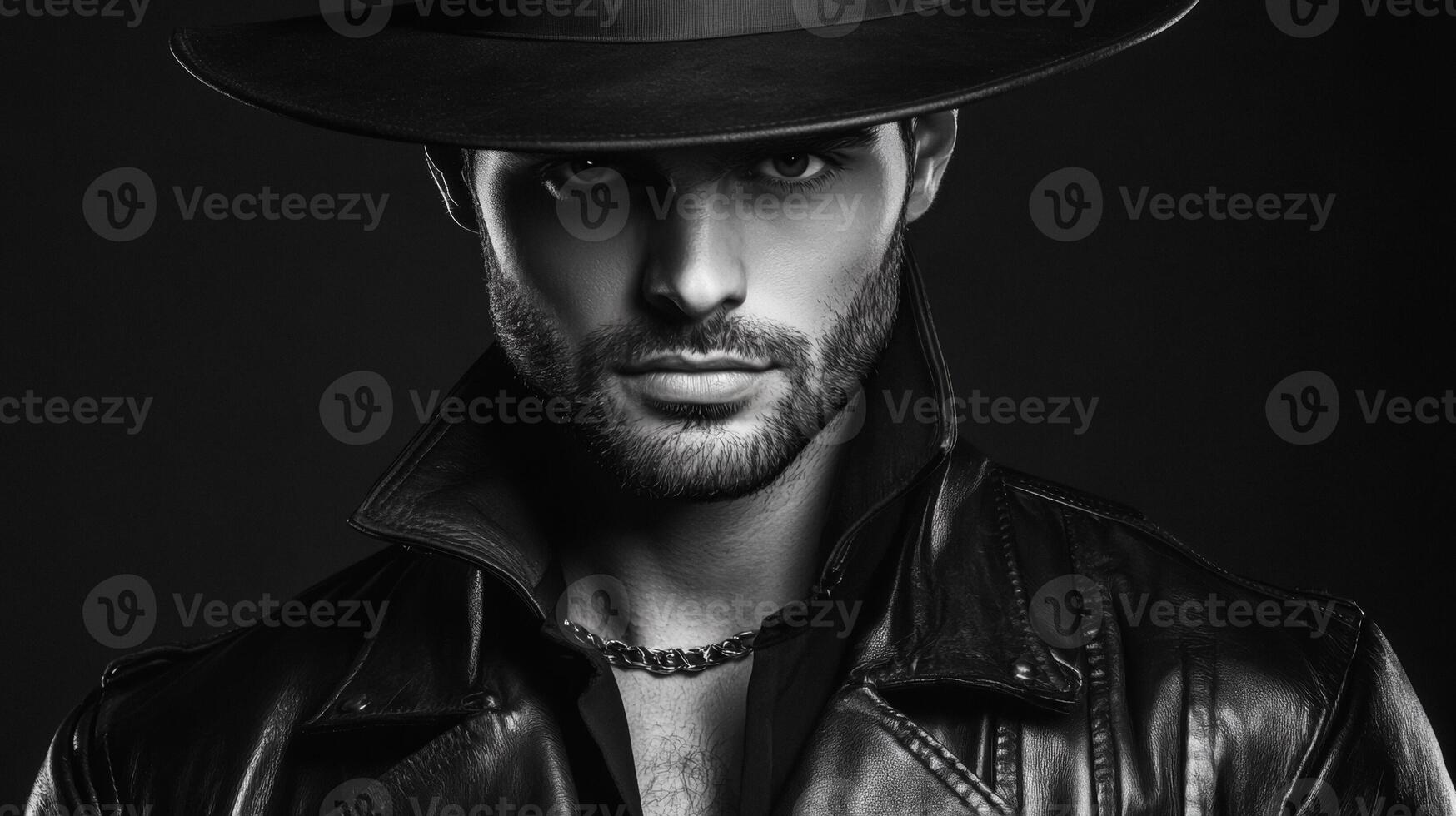 Close up of a man in a leather jacket piercing gaze under a wide brimmed hat monochrome palette photo