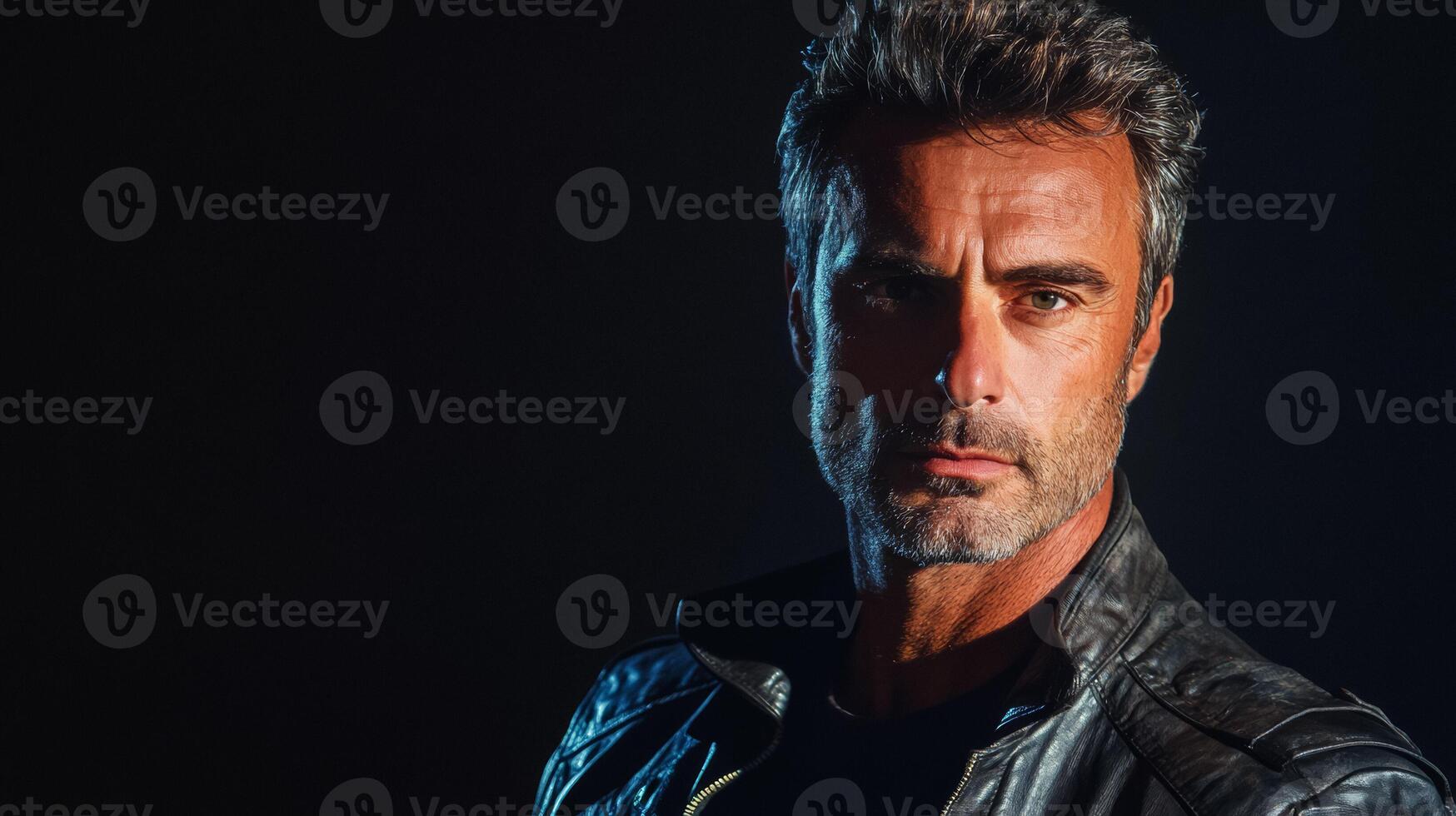 Dynamic portrait of a man in a biker jacket with dramatic backlighting shadows highlighting rugged facial features photo