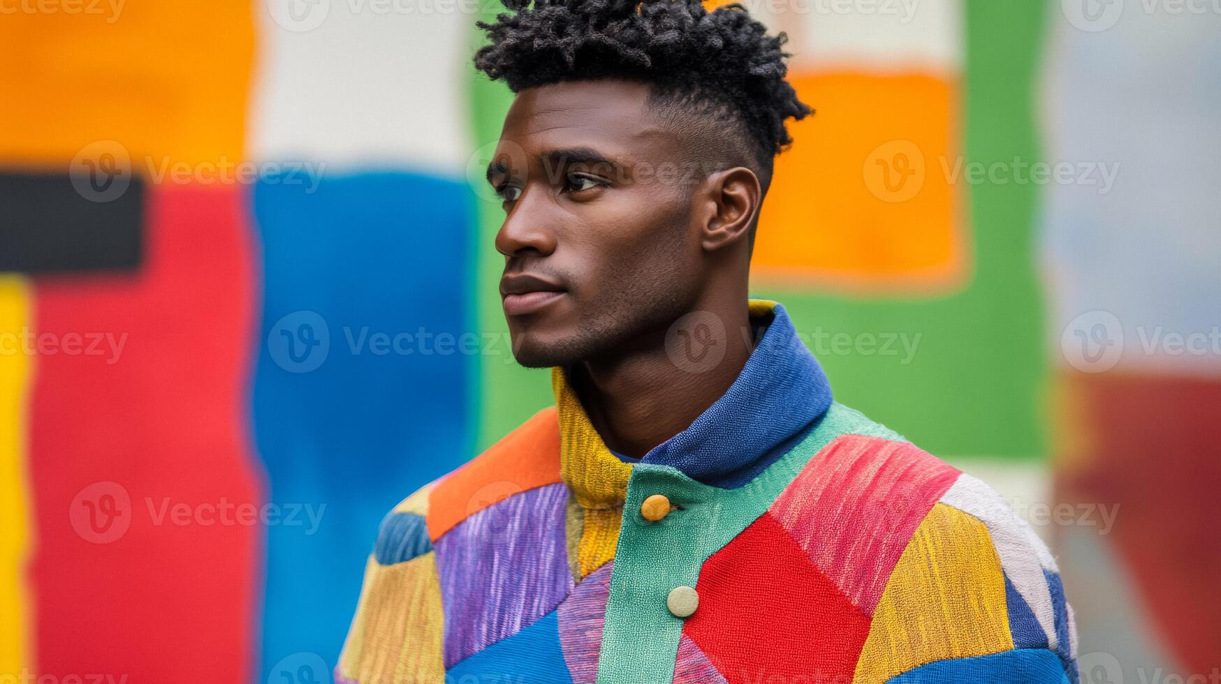 Eclectic man in a colorful patchwork coat standing against a backdrop of abstract art looking thoughtfully to the side photo