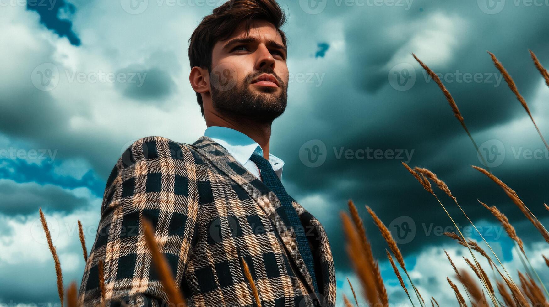 Fashionable man in a checkered suit standing amidst tall grass under a dramatic cloudy sky wistful expression photo