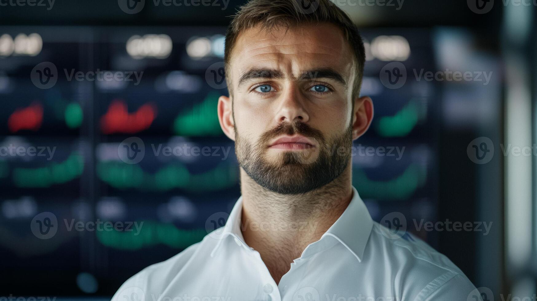 Focused male CEO in a high tech office multiple screens displaying stock markets intense and serious expression photo