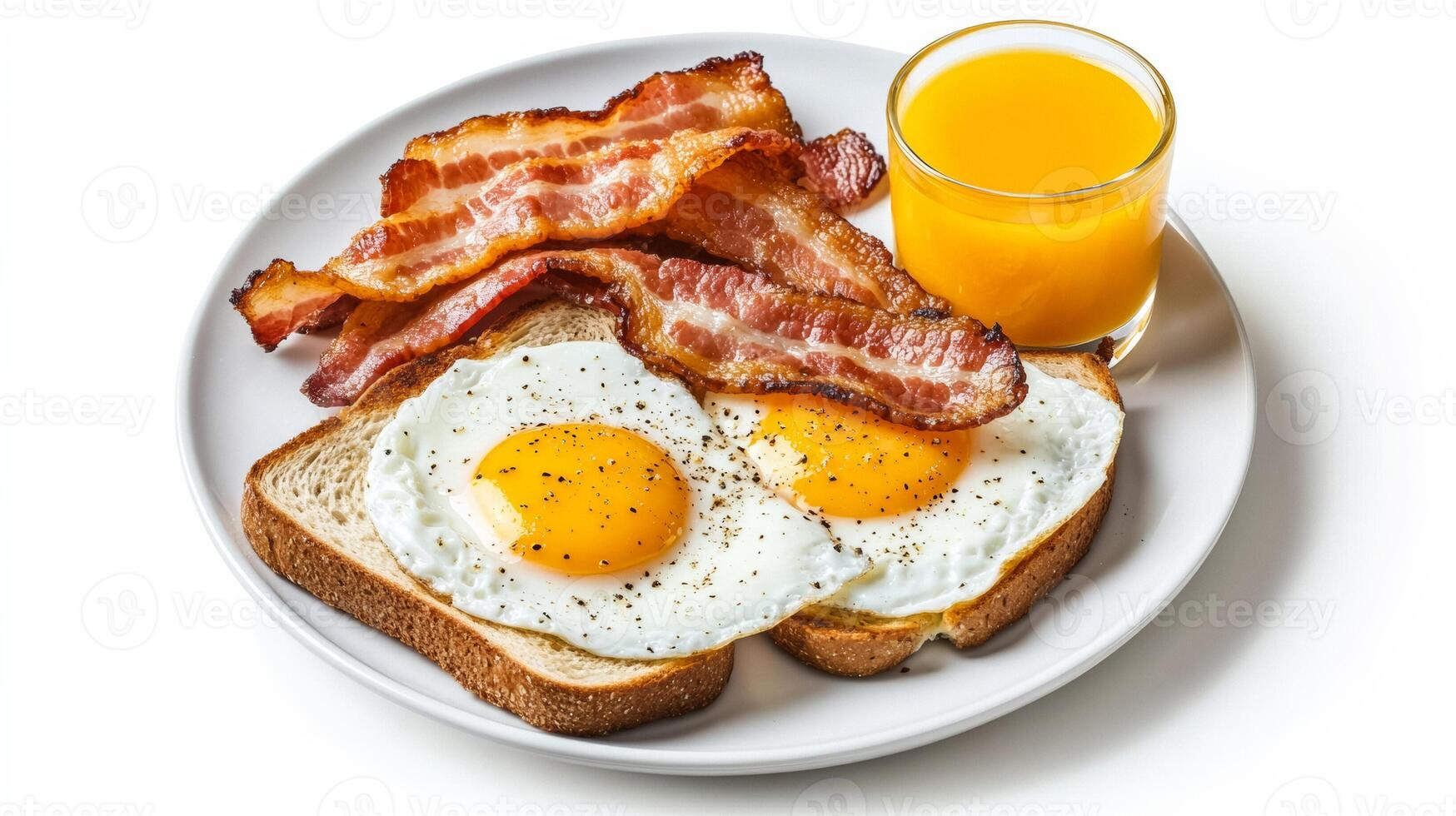 Isolated sunny side up eggs with crispy bacon strips toast and fresh orange juice on a white plate on a white background photo