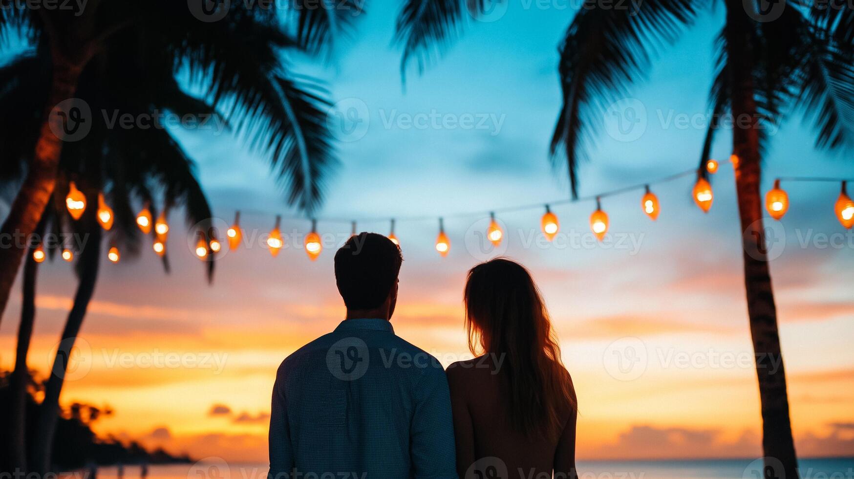 Joyful couple watching a sunset on a tropical beach palm trees tiki torches and New Year banners festive mood photo