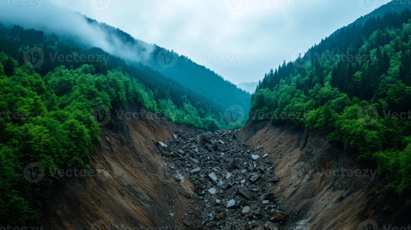 Massive landslide crushing a mountainside rocks and debris sliding down violently through dense green forest photo
