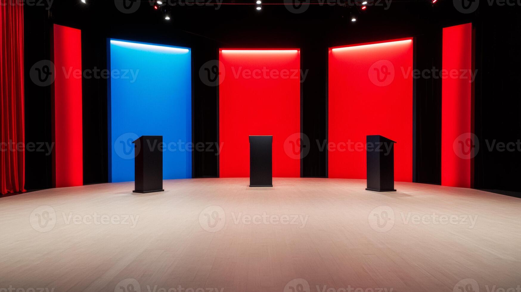 Modern debate studio with red white and blue lighting sleek podiums photo