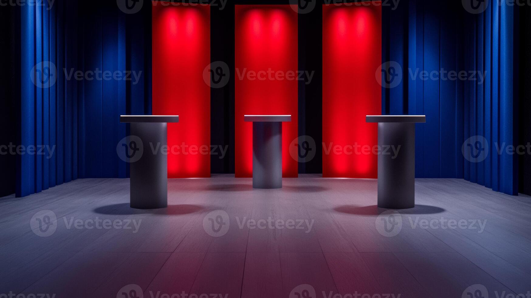 Modern debate studio with red white and blue lighting sleek podiums photo