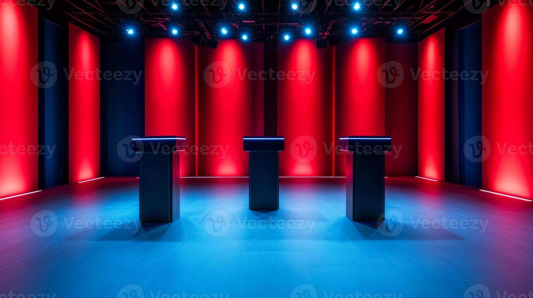 Modern debate studio with red white and blue lighting sleek podiums bright show lights photo