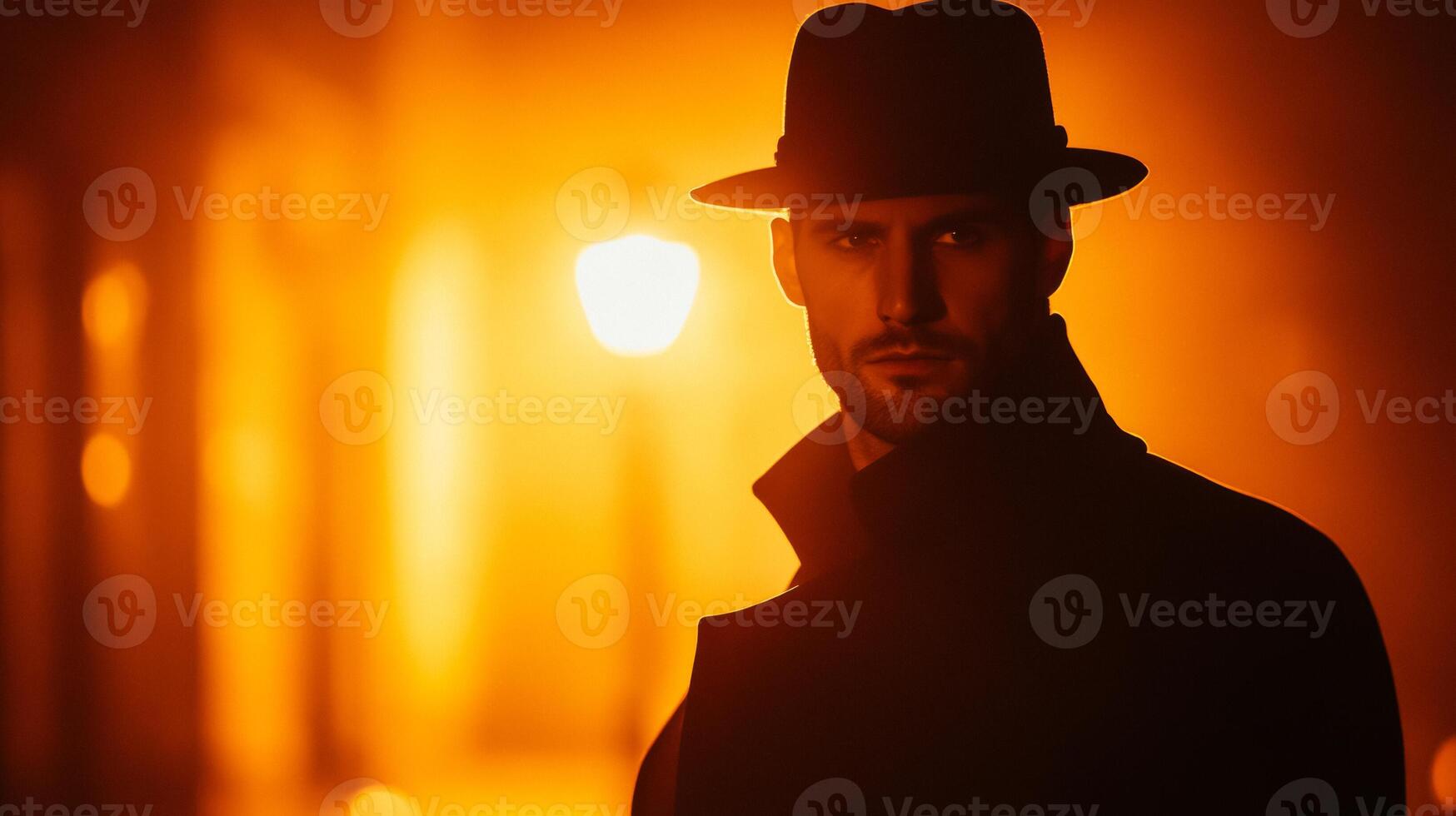Mysterious man in a long trench coat and fedora half his face shadowed standing under a single streetlight photo