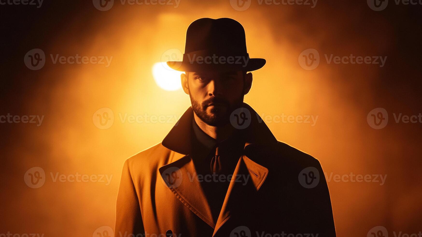 Mysterious man in a long trench coat and fedora half his face shadowed standing under a single streetlight photo