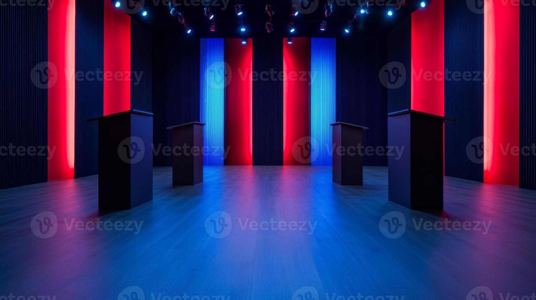 Modern debate studio with red white and blue lighting sleek podiums and digital background with USA flags photo