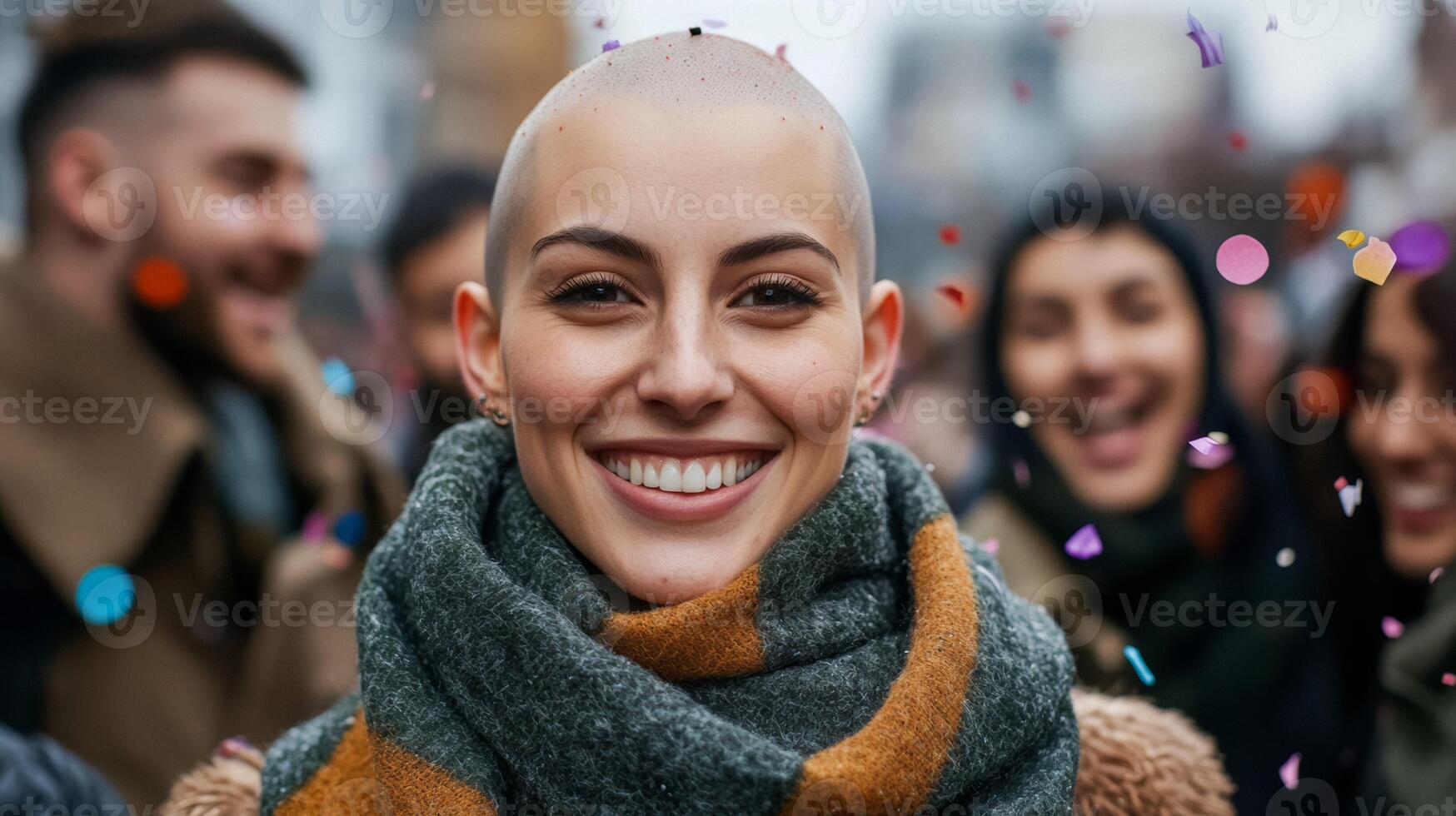 Smiling woman with a scarf and bald head surrounded by supportive friends confetti in the air outdoor setting photo