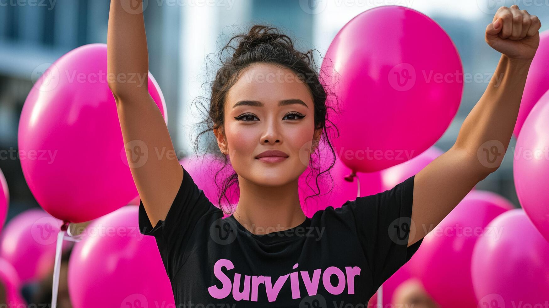 Woman surrounded by pink balloons and wearing a Survivor t shirt raising her fist in triumph vibrant city square photo