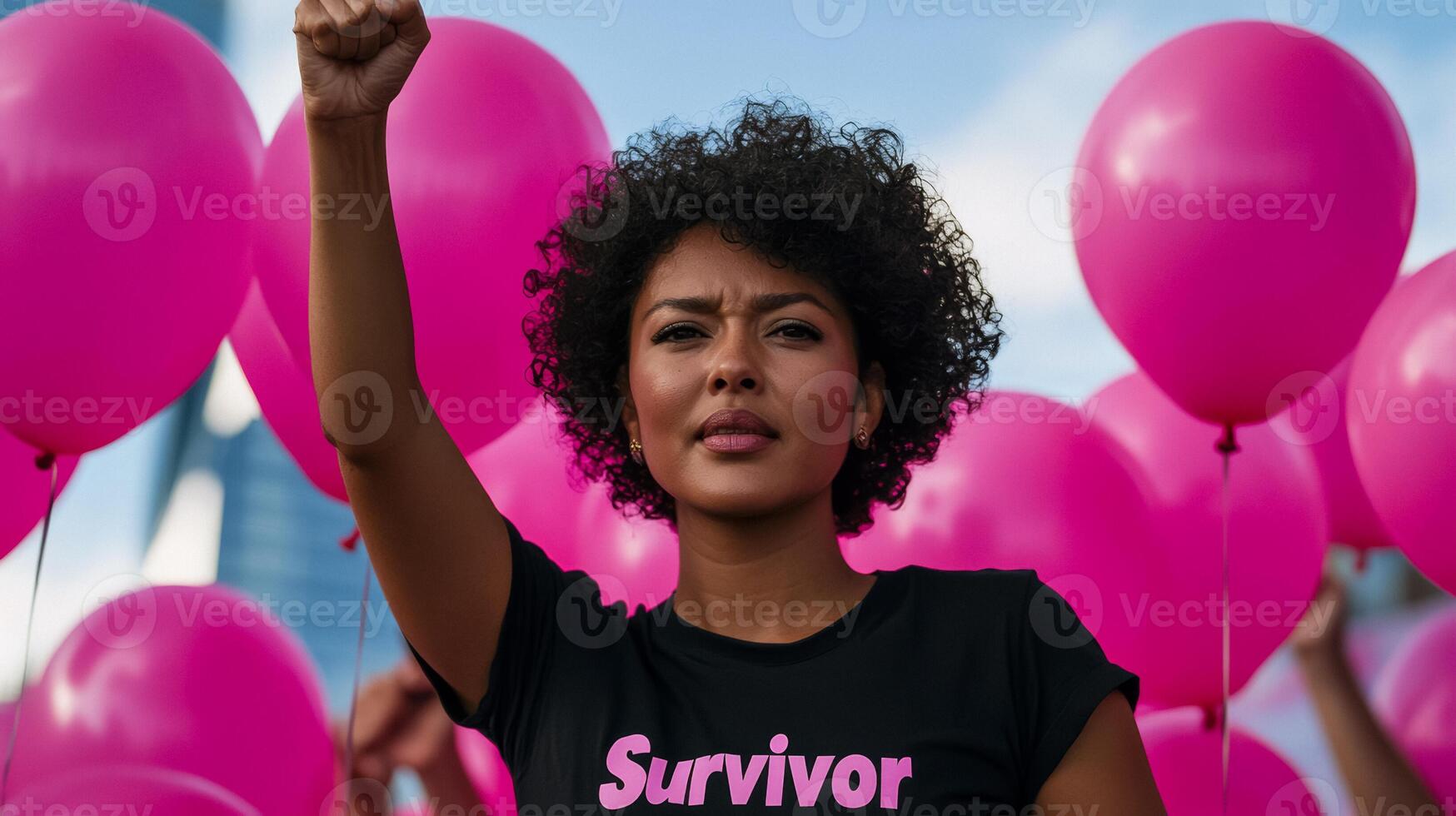 Woman surrounded by pink balloons and wearing a Survivor t shirt raising her fist in triumph vibrant city square photo