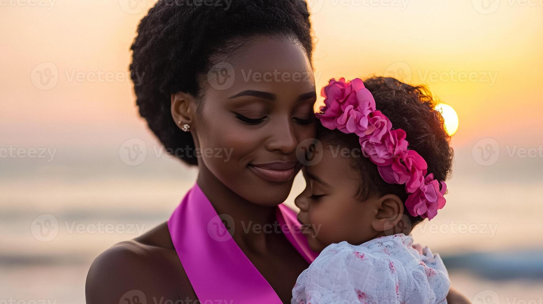 Woman with a pink survivor sash hugging her child glowing sunset in the background ocean waves gently rolling photo