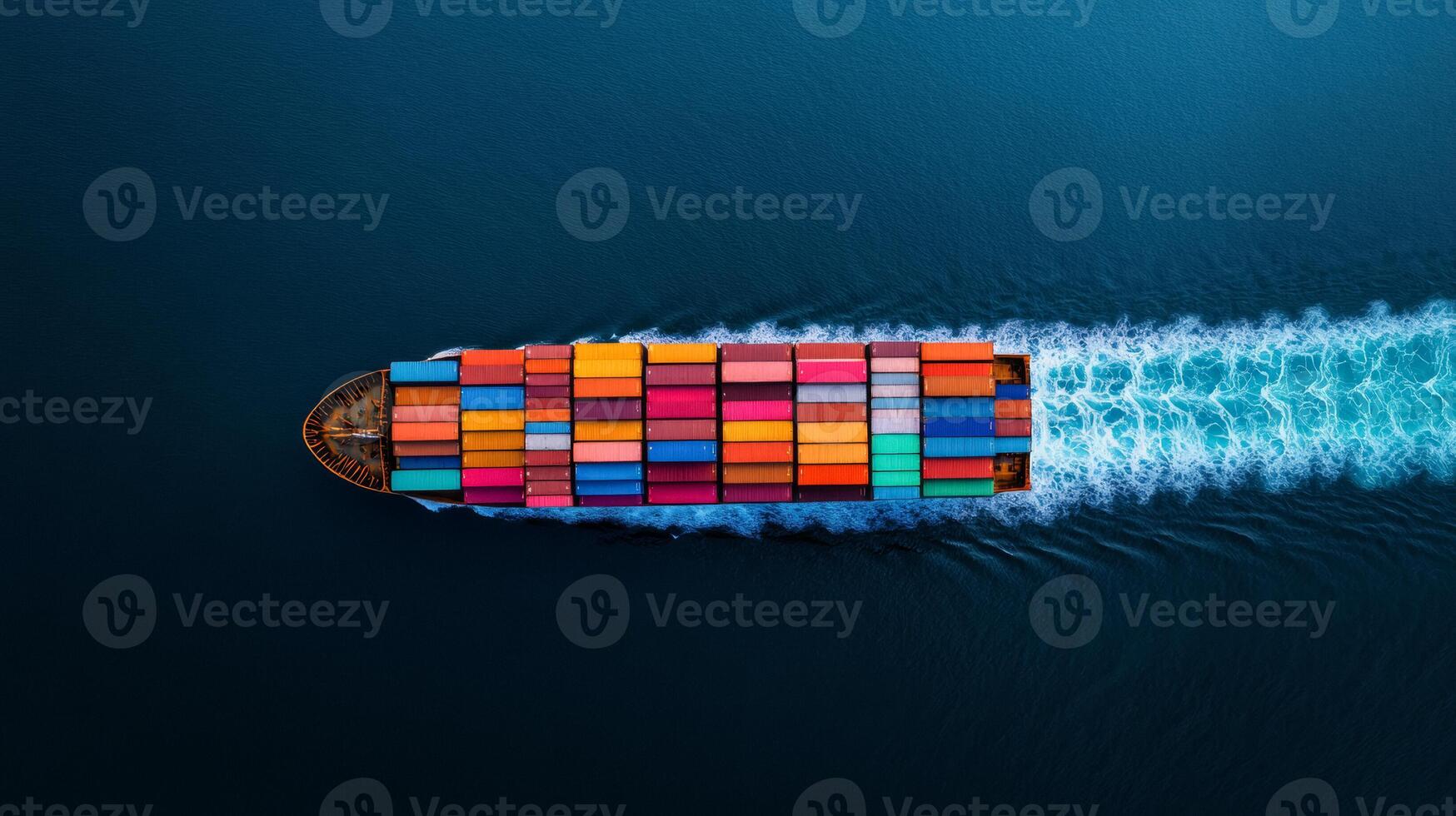Aerial view of a container ship cutting through the open ocean multi colored cargo containers arranged in perfect rows on its deck smooth sea below photo