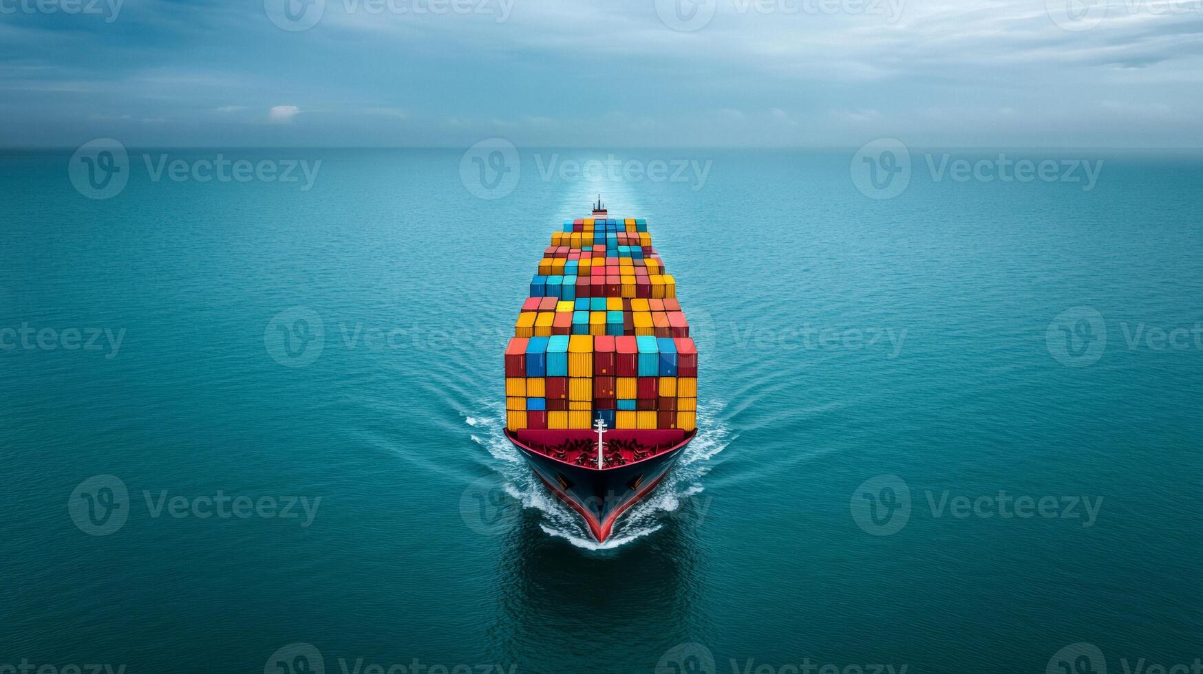 Aerial view of a container ship cutting through the open ocean multi colored cargo containers arranged in perfect rows on its deck smooth sea below photo