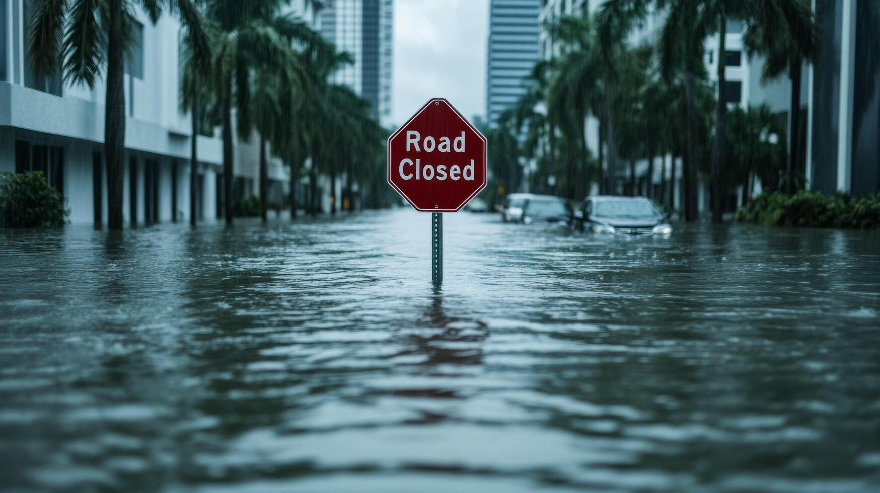 City road submerged in murky water from hurricane rainfall with Road Closed signs placed haphazardly along the path cars stranded on the sidewalk photo