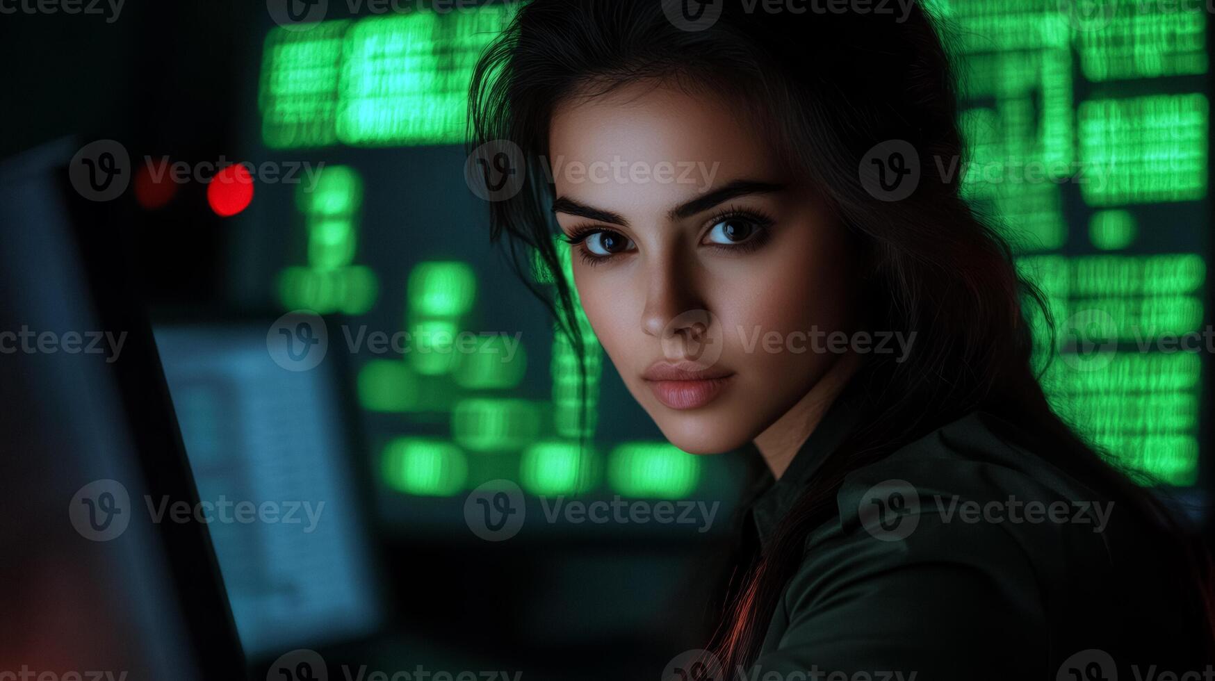Female cryptographer decoding encrypted messages on a high tech computer her workspace cluttered with cryptic symbols and code sheets as she concentrates intensely photo