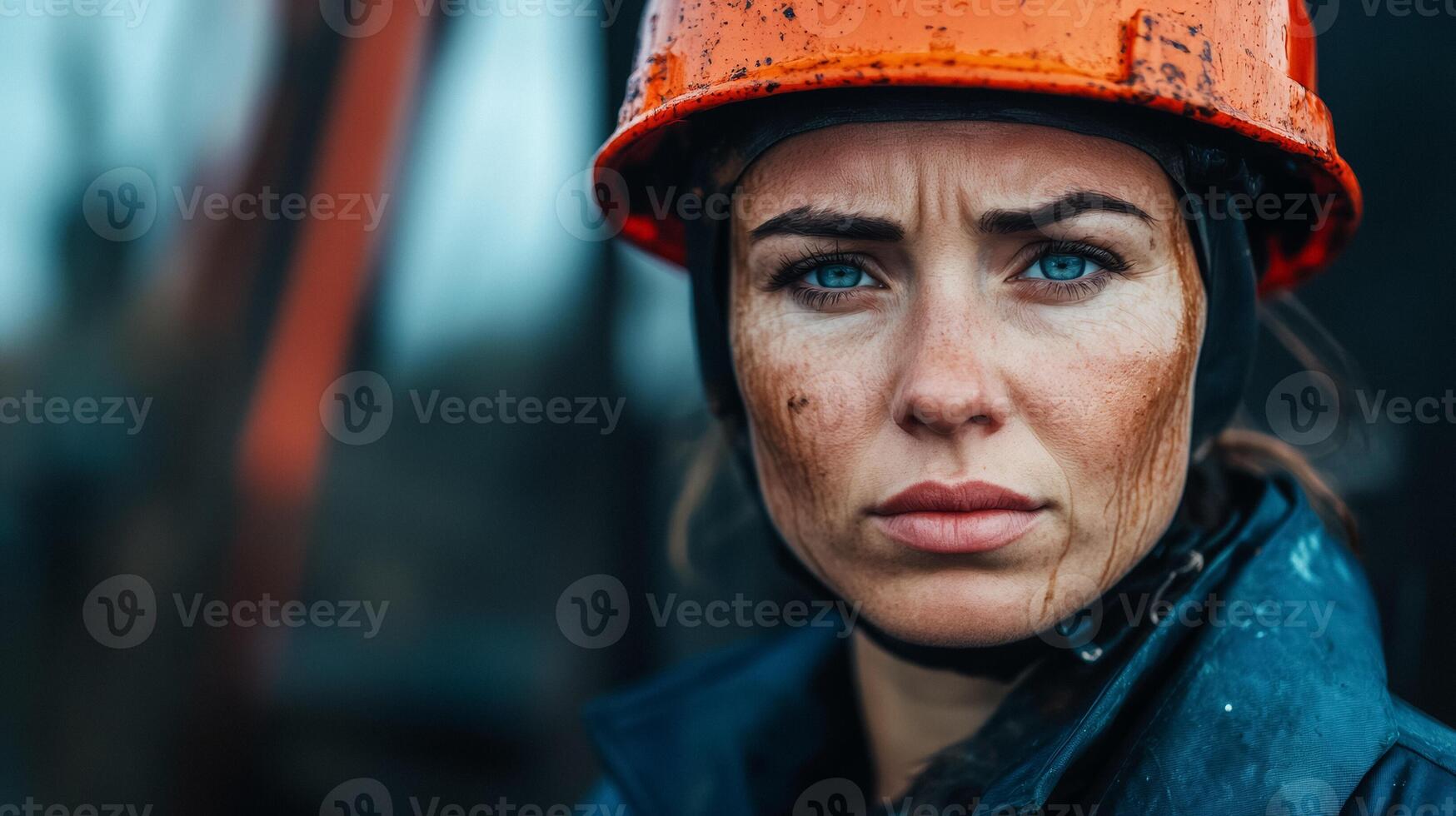 Female oil rig worker operating heavy machinery on a large offshore platform her protective helmet and gear covered in oil her determined expression focused on the task photo