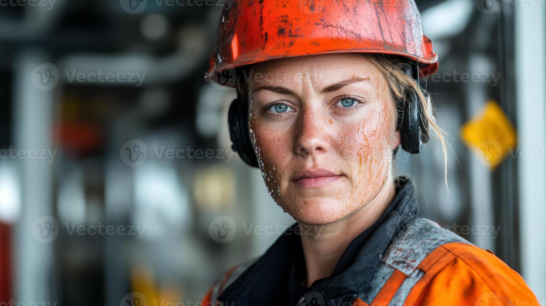 Female oil rig worker operating heavy machinery on a large offshore platform her protective helmet and gear covered in oil her determined expression focused on the task photo