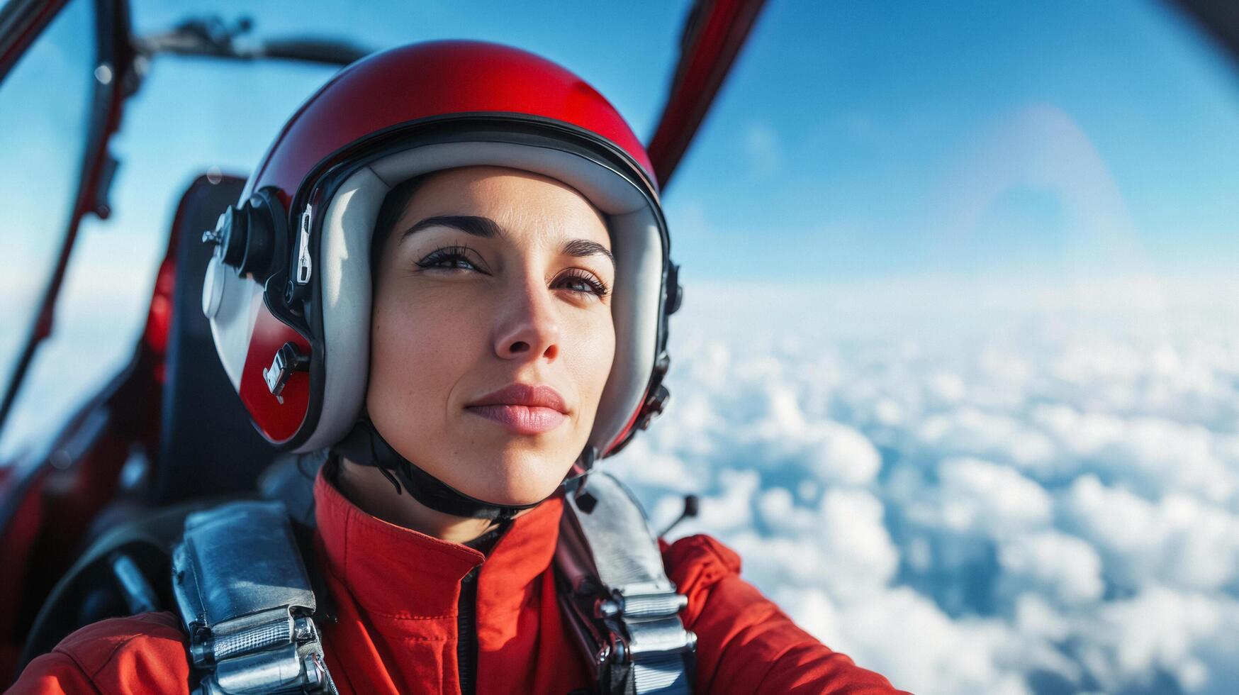 Female stunt pilot in a sleek red aircraft performing aerial maneuvers high above the clouds her intense expression showing concentration as she grips the controls photo