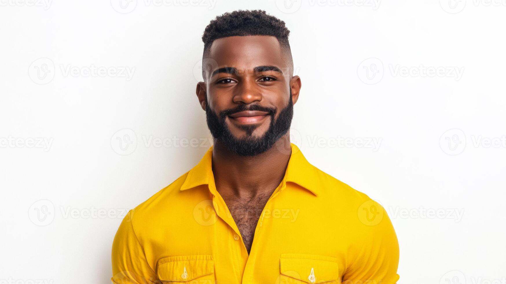 Handsome Caribbean man with a dazzling smile and neatly trimmed beard wearing a vibrant yellow shirt standing out against a white background photo