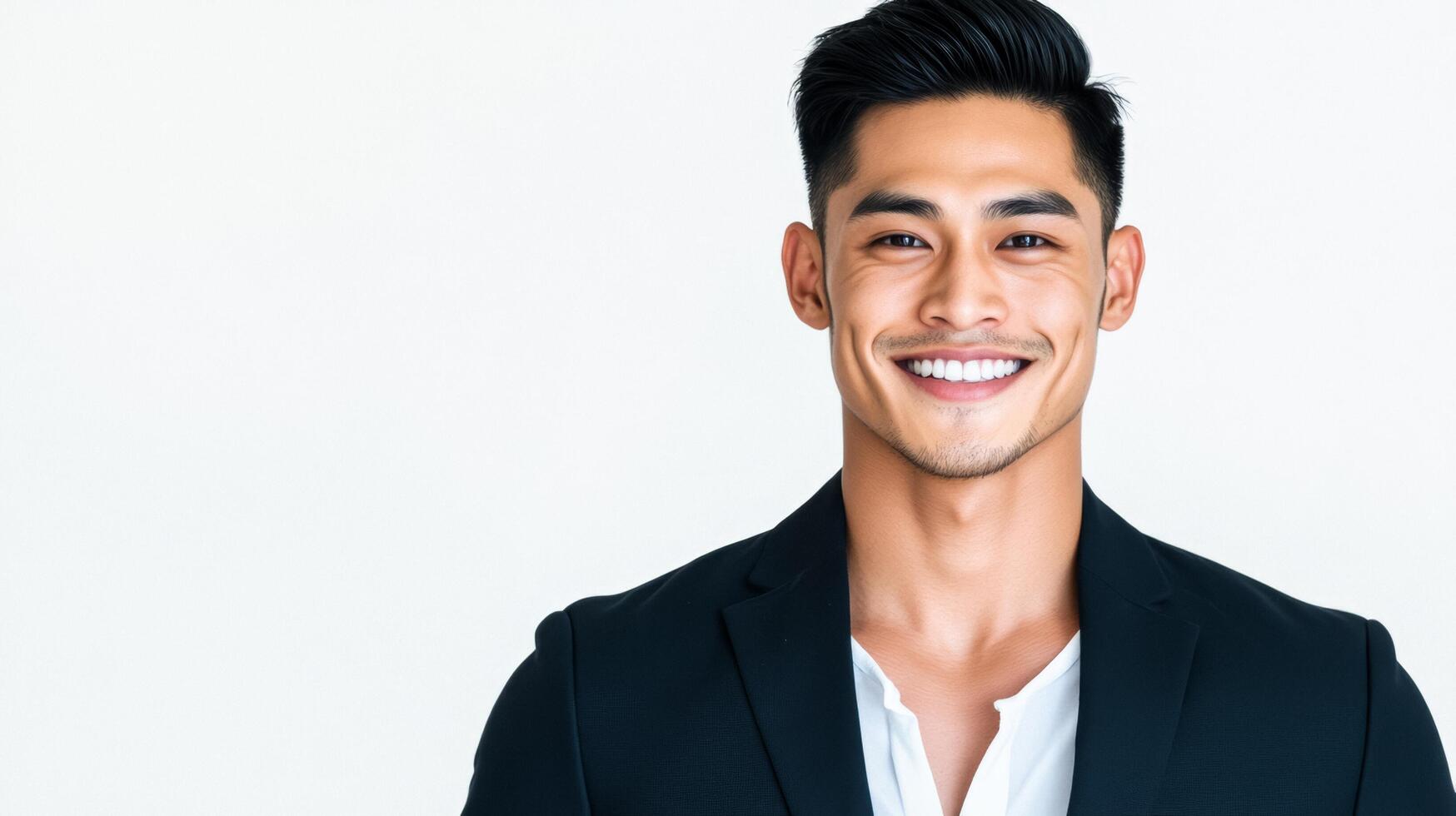 Handsome East Asian man smiling confidently with short black hair and a sharp jawline dressed in a sleek dark blazer isolated on a white background photo