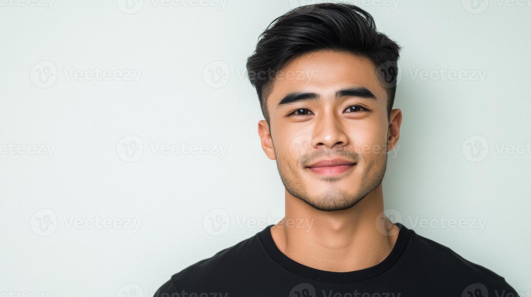 Handsome Southeast Asian man with a charming grin short black hair and wearing a stylish black shirt against a clean white background photo