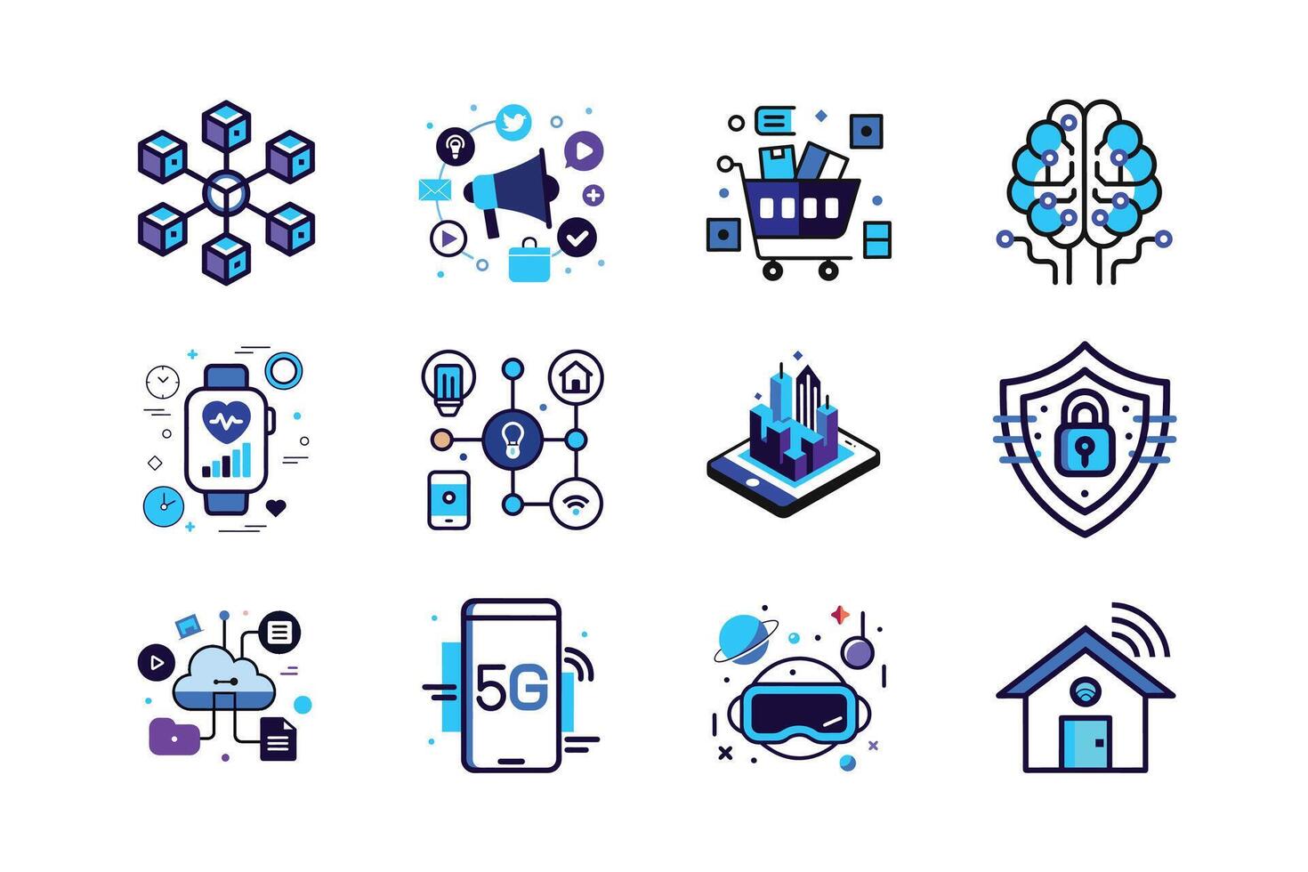 Discover a vibrant set of technology icons featuring costume illustrations perfect for enhancing your design projects. These unique icons blend technology with creativity. vector