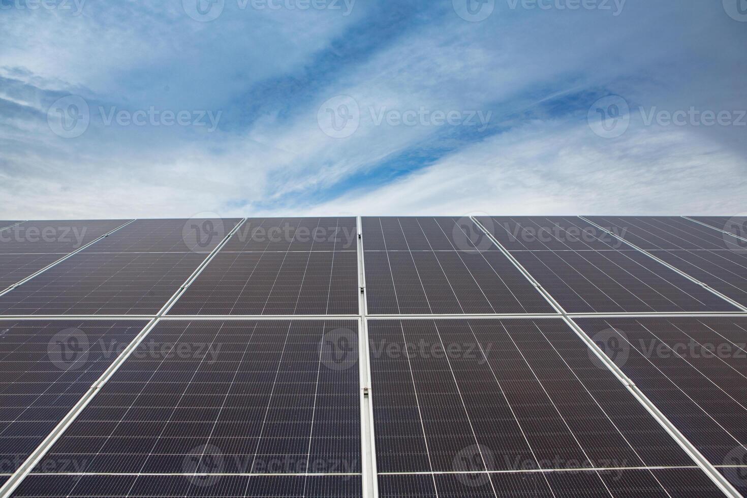 Solar power station or panels, photovoltaics, alternative source of electricity. Concept of sustainable and renewable sources. photo
