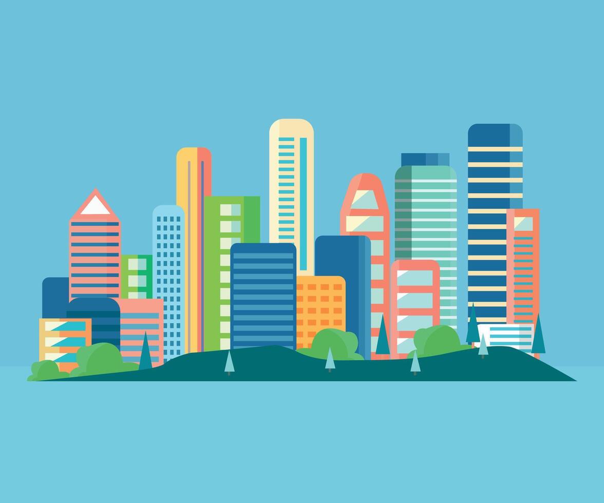 Cityscape with skyscrapers and trees illustration in flat style vector