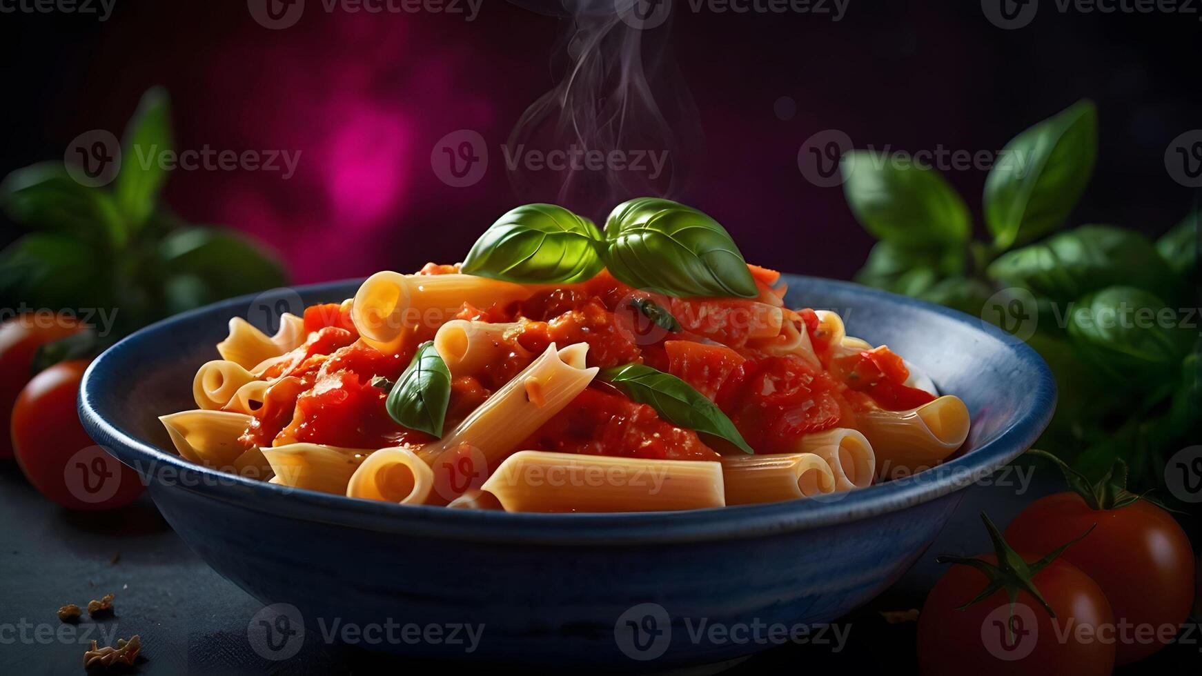 Delicious Rigatoni in Tomato Sauce with Fresh Basil and Parmesan Cheese photo