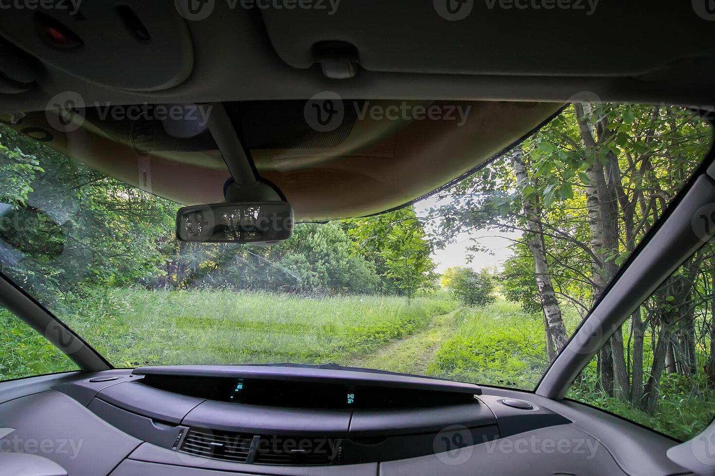 View of forest road through car glass. photo
