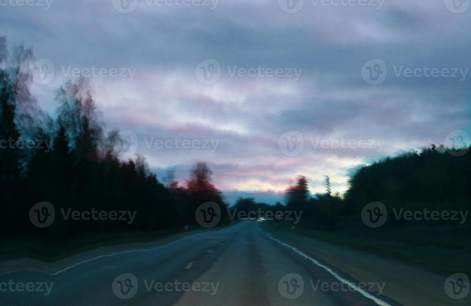 Blurred unfocused view through the moving car windscreen. Glitch retro effect. photo