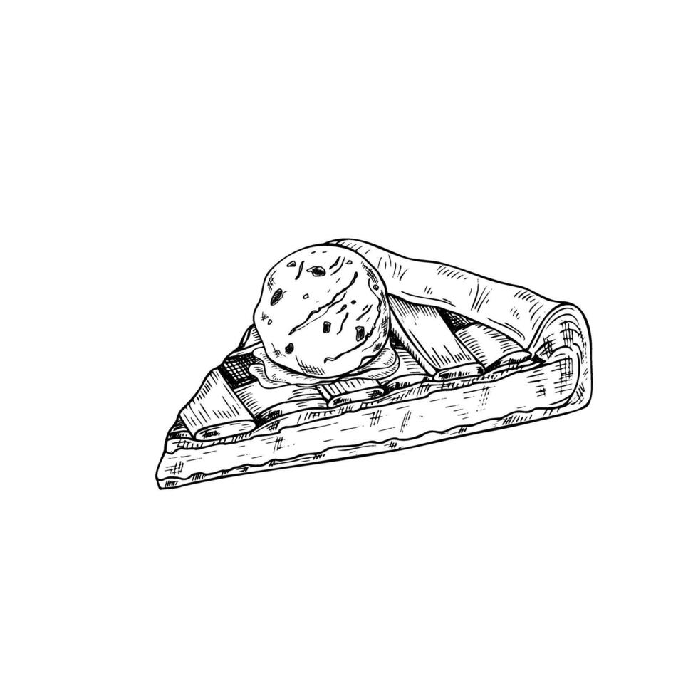 Slice of apple pie served with ice cream on top illustration. Graphic homemade fruit tart dessert monochrome line art black and white drawing. For cooking book design, menu, decor vector