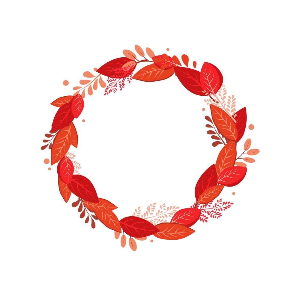 isolated round frame of red dry alder autumn leaves. Border for text and lettering. Isolated flat illustration with brown plants for design, greeting card, banner, board, flyer, sale, poster vector