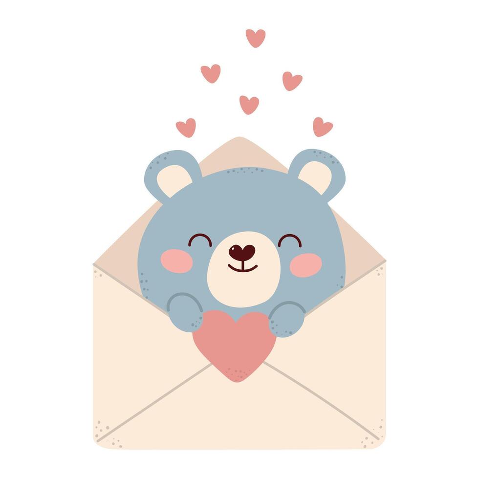 A love envelope with a teddy bear inside. Visualize greetings with love for mother and Valentine's Day. Mail, letter or stationery theme. Template for scrapbooking, romantic design, posters, greeting vector