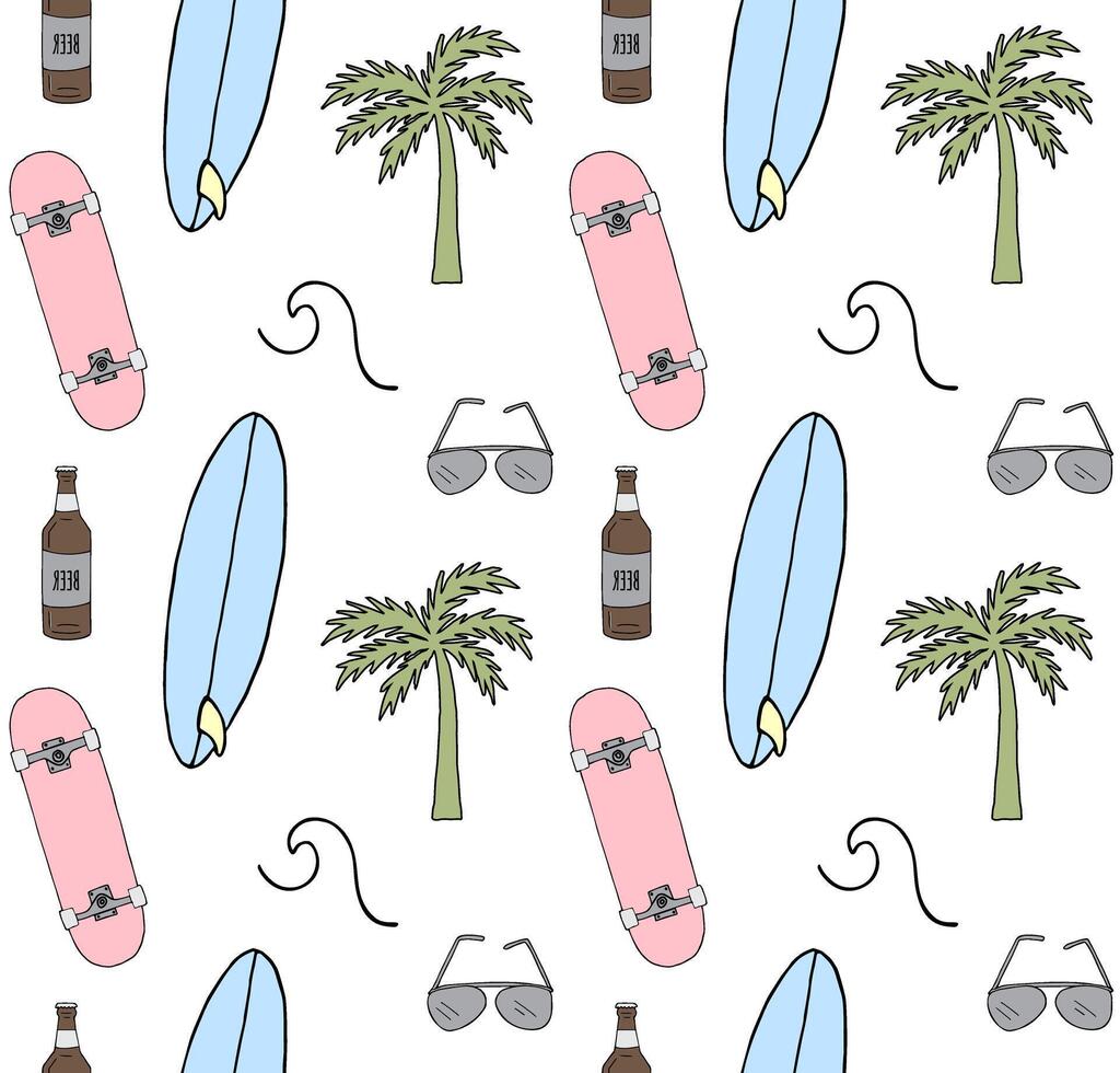 Seamless pattern of doodle skate and surf vector