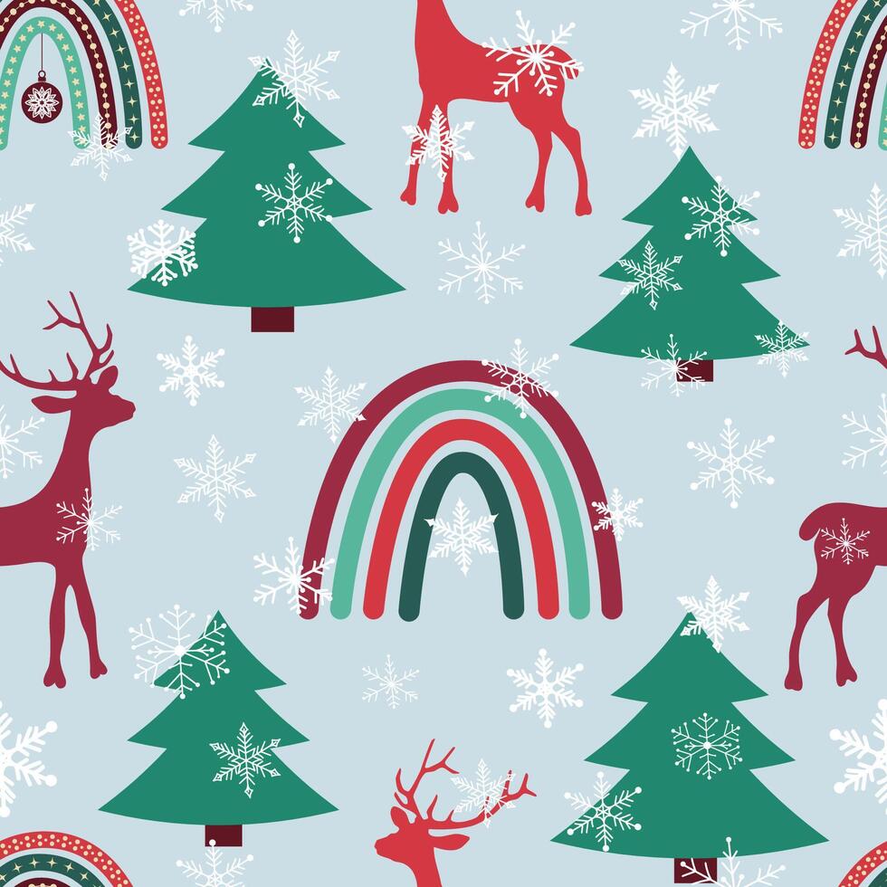 Winter Christmas Boho Rainbows Reindeers Seamless Pattern Background Wallpaper vector