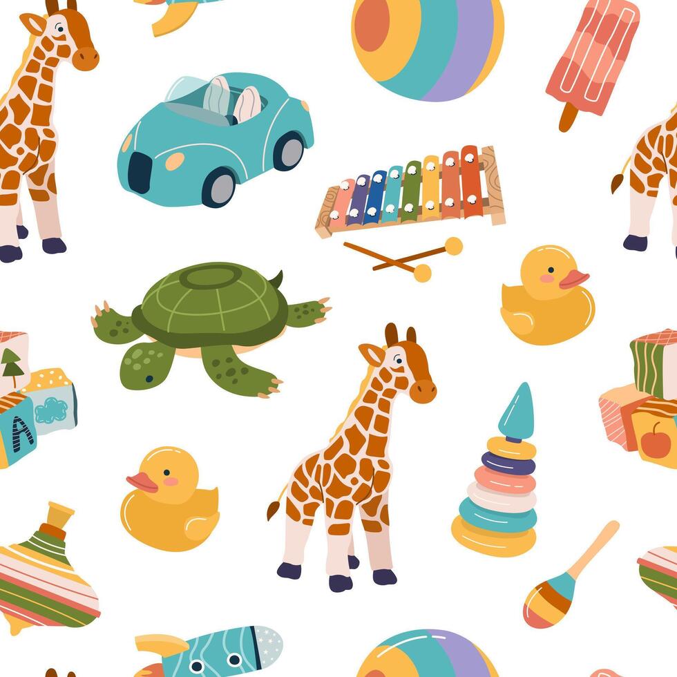 Seamless pattern with cute plush and plastic toys for kids. Cartoon tile for preschool boys and girls. Funny print for baby textiles and fabrics, wrapping paper, covers, childish designs. vector
