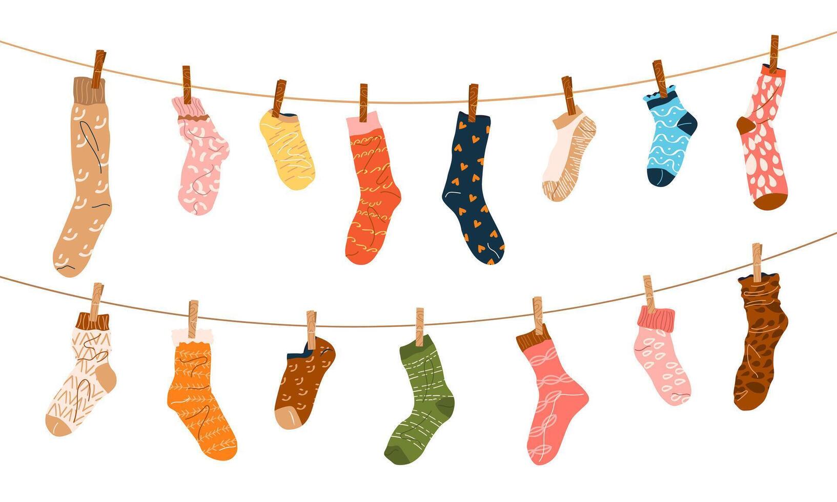 Various socks on clothesline with clothespins. Cotton and wool socks on rope. Clothes on laundry line. Apparels, garments with different patterns for men, women and kids. Isolated illustration. vector
