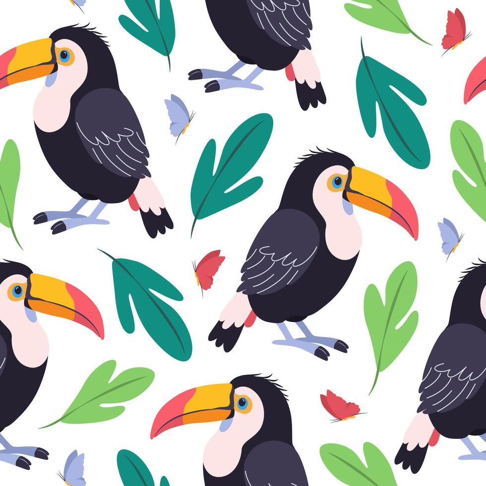 Seamless trendy pattern with toucan bird and tropical leaves. Pattern for childish prints, clothing, packaging, wrapping paper and postcards. Cute birds in flat style for kids. vector